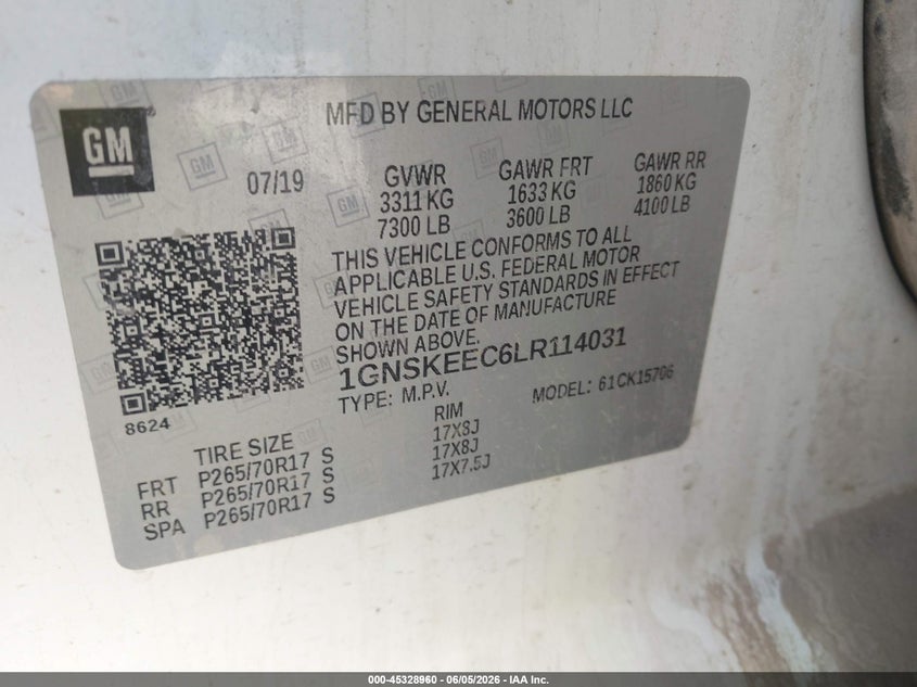 2020 Chevrolet Tahoe 4Wd Commercial Fleet VIN: 1GNSKEEC6LR114031 Lot: 45328960