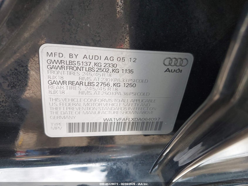 2013 Audi Allroad 2.0T Premium VIN: WA1VFAFLXDA064097 Lot: 45329073