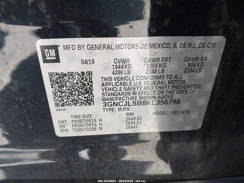 2019 Chevrolet Trax Lt VIN: 3GNCJLSB8KL356798 Lot: 45329081