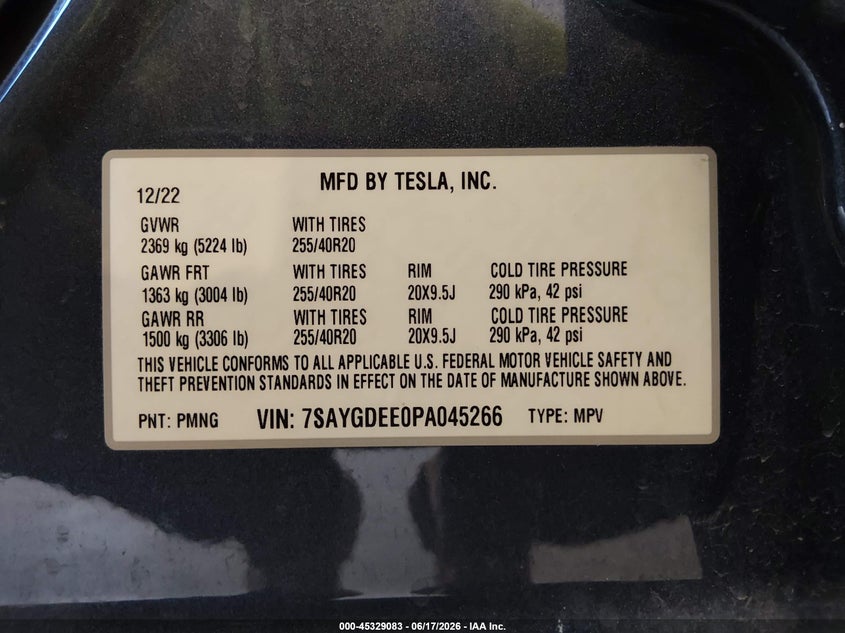 2023 Tesla Model Y Awd/Long Range Dual Motor All-Wheel Drive VIN: 7SAYGDEE0PA045266 Lot: 45329083