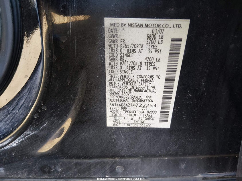 2007 Nissan Armada Se VIN: 5N1AA08A27N722254 Lot: 45329238