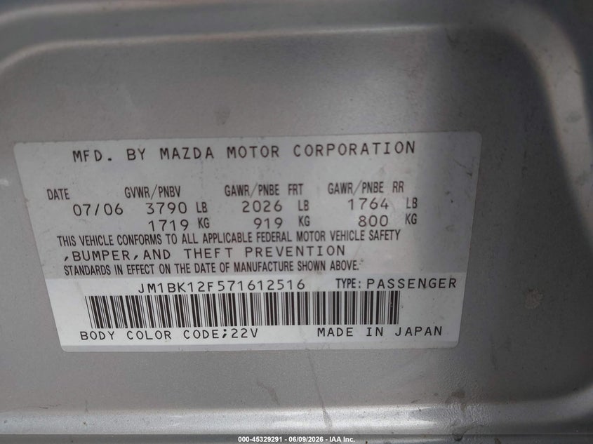 2007 Mazda Mazda3 I Sport VIN: JM1BK12F571612516 Lot: 45329291