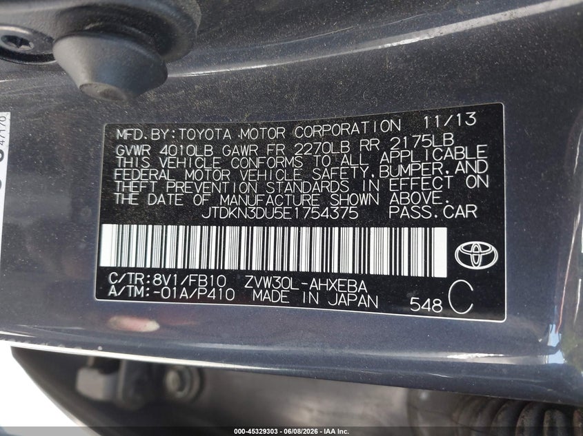 2014 Toyota Prius Three VIN: JTDKN3DU5E1754375 Lot: 45329303