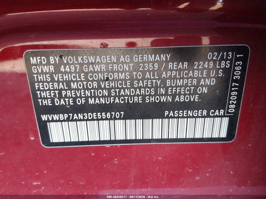 2013 Volkswagen Cc 2.0T Sport VIN: WVWBP7AN3DE556707 Lot: 45329317