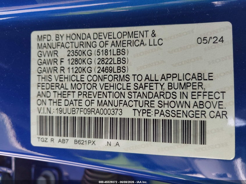 2024 Acura Tlx Type S VIN: 19UUB7F09RA000373 Lot: 45329372