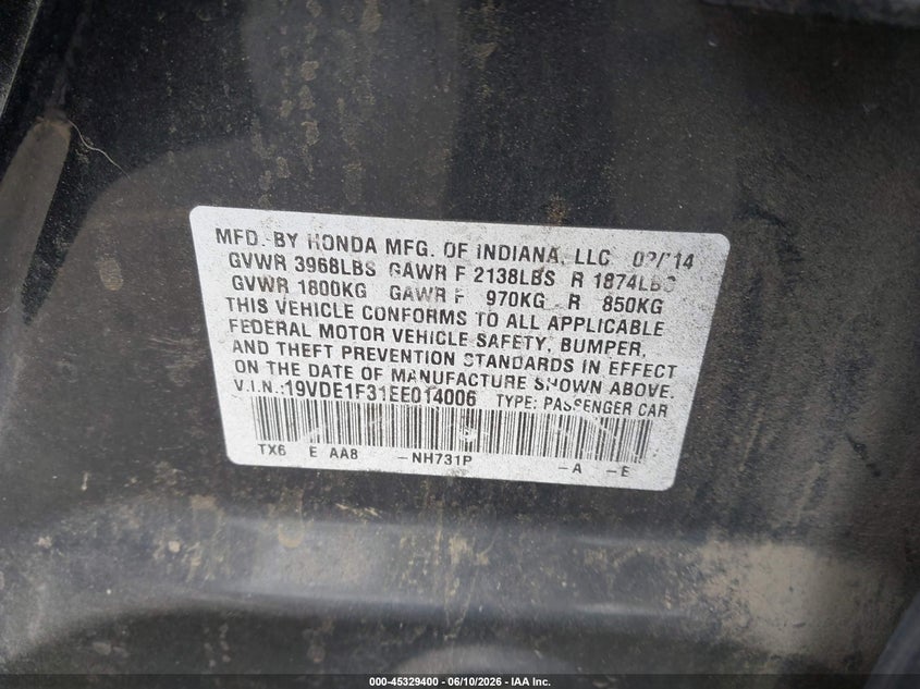2014 Acura Ilx 2.0L VIN: 19VDE1F31EE014006 Lot: 45329400