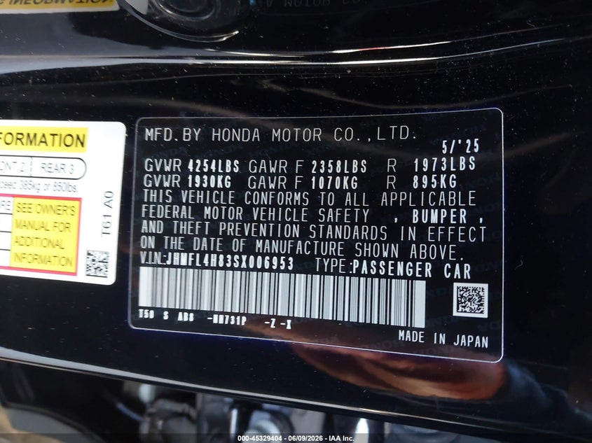 VIN JHMFL4H83SX006953 2025 HONDA CIVIC HYBRID SPORT