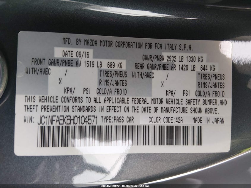2017 Fiat 124 Spider Classica VIN: JC1NFAEK6H0104571 Lot: 45329422