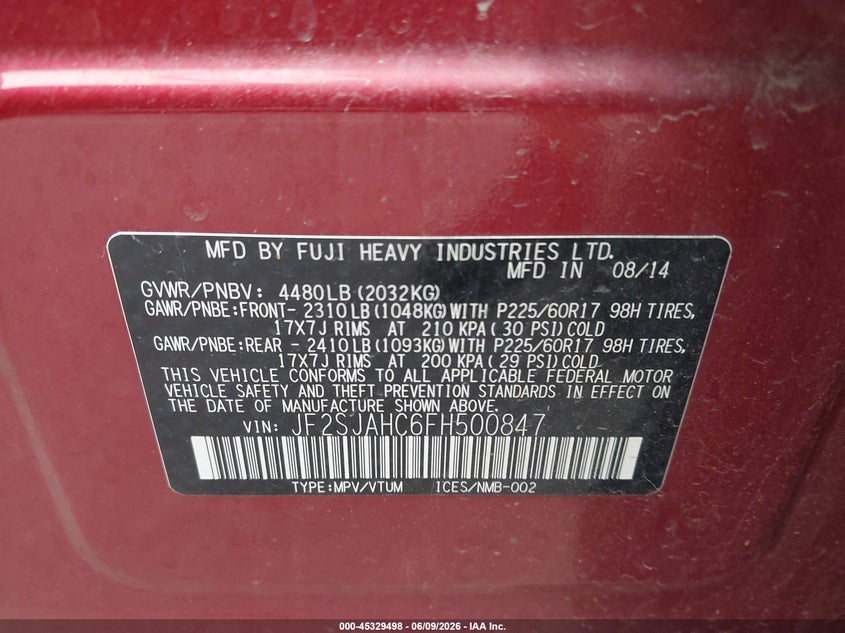 2015 Subaru Forester 2.5I Limited VIN: JF2SJAHC6FH500847 Lot: 45329498