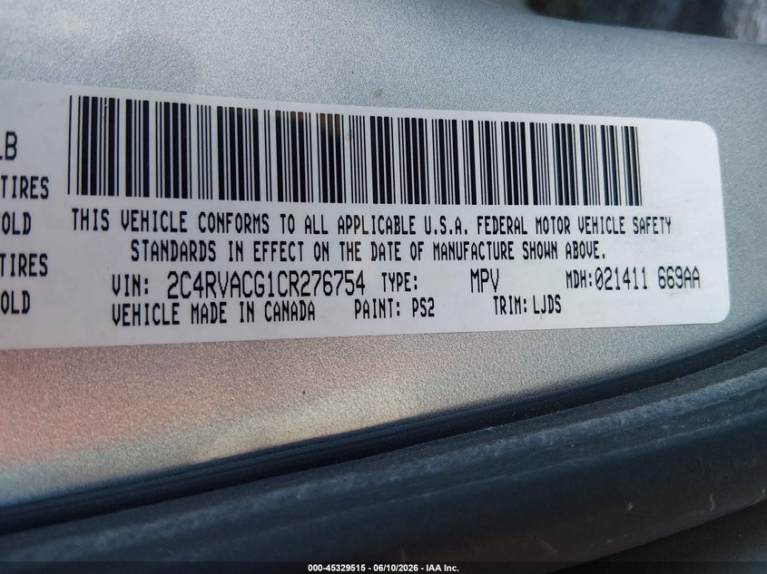 2012 Volkswagen Routan Sel VIN: 2C4RVACG1CR276754 Lot: 45329515