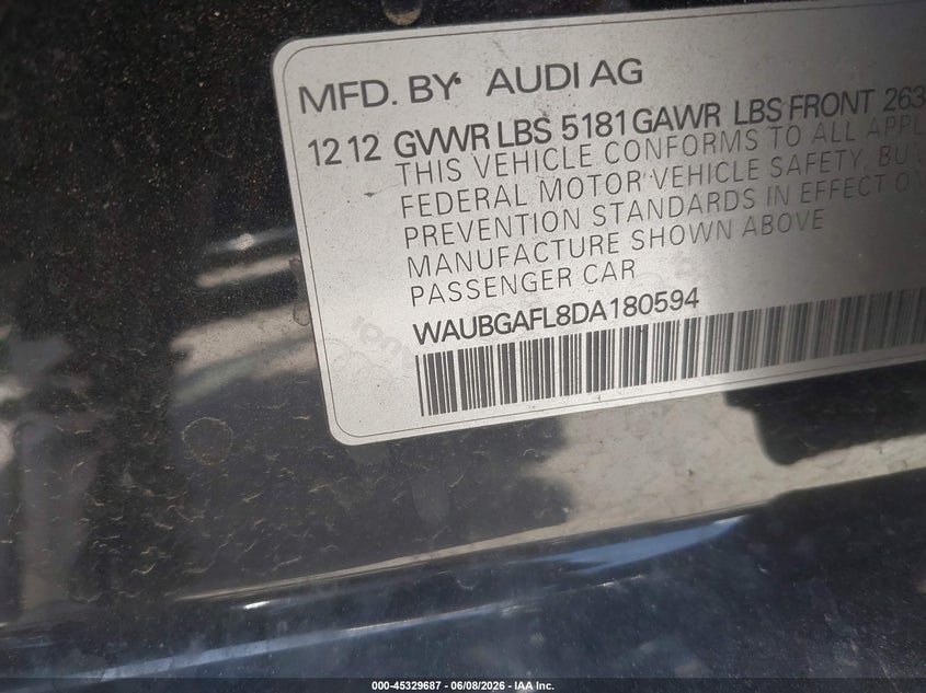 2013 Audi S4 3.0T Premium Plus VIN: WAUBGAFL8DA180594 Lot: 45329687
