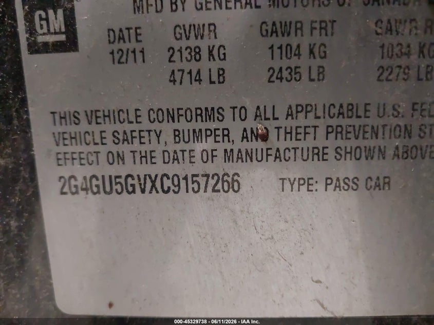 2012 Buick Regal Turbo - Premium 3 VIN: 2G4GU5GVXC9157266 Lot: 45329738