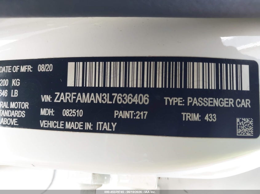 2020 Alfa Romeo Giulia Rwd VIN: ZARFAMAN3L7636406 Lot: 45329745