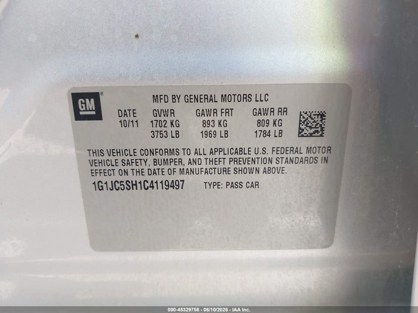 2012 Chevrolet Sonic 2Lt VIN: 1G1JC5SH1C4119497 Lot: 45329756