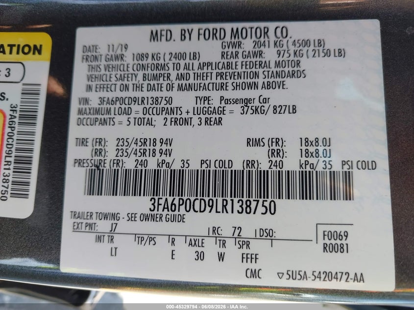 VIN 3FA6P0CD9LR138750 2020 FORD FUSION SEL