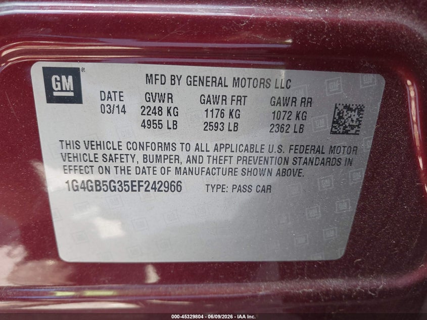 2014 Buick Lacrosse Leather Group VIN: 1G4GB5G35EF242966 Lot: 45329804