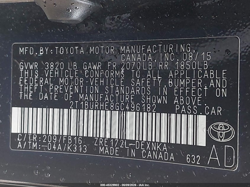 2016 TOYOTA COROLLA SEDAN 1.8L I-4 DOHC, VVT, 132HP