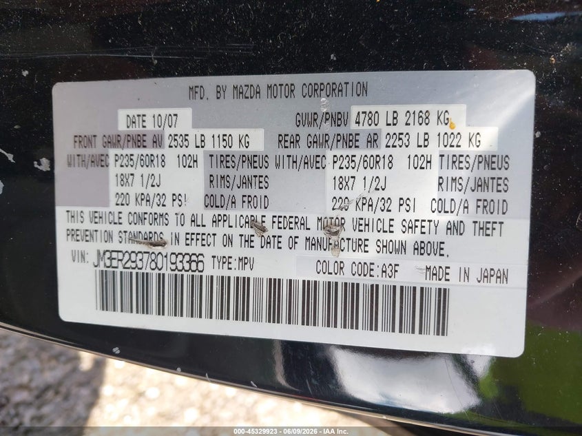 2008 Mazda Cx-7 Sport VIN: JM3ER293780193366 Lot: 45329923