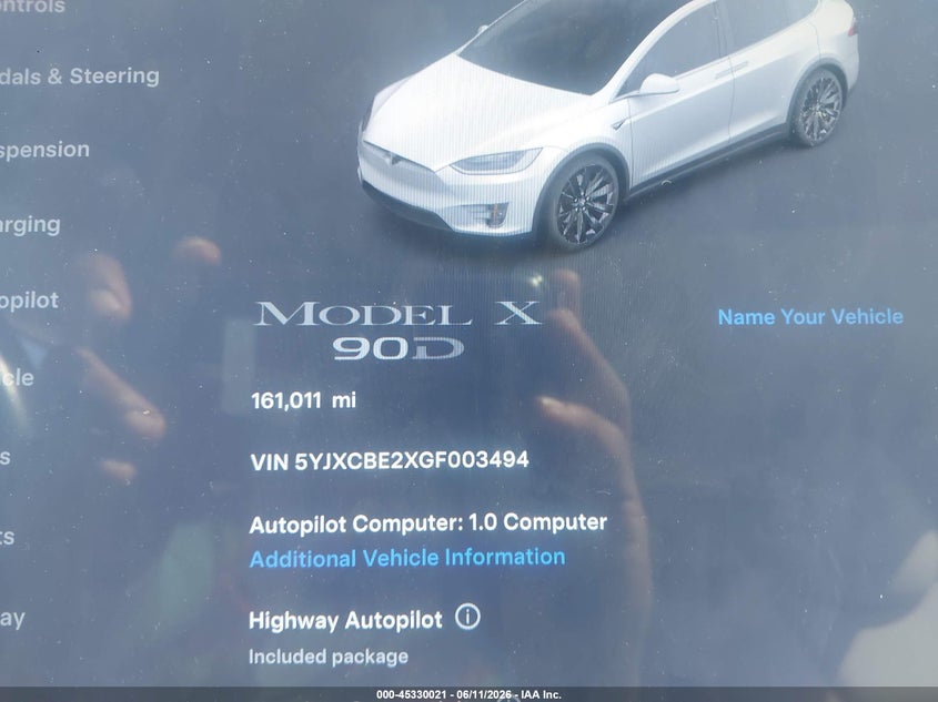 2016 Tesla Model X VIN: 5YJXCBE2XGF003494 Lot: 45330021