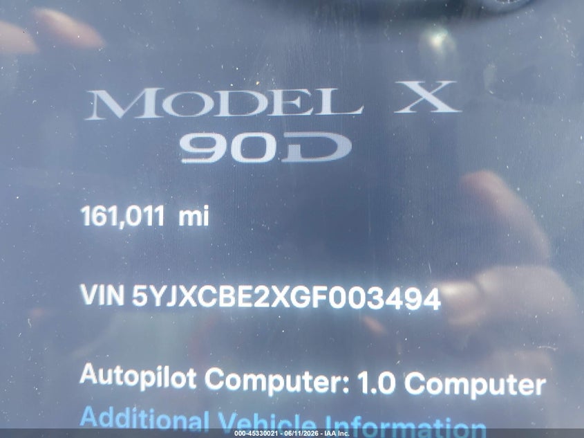 2016 Tesla Model X VIN: 5YJXCBE2XGF003494 Lot: 45330021