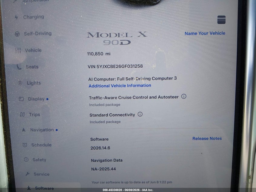 2016 Tesla Model X VIN: 5YJXCBE26GF031258 Lot: 45330028