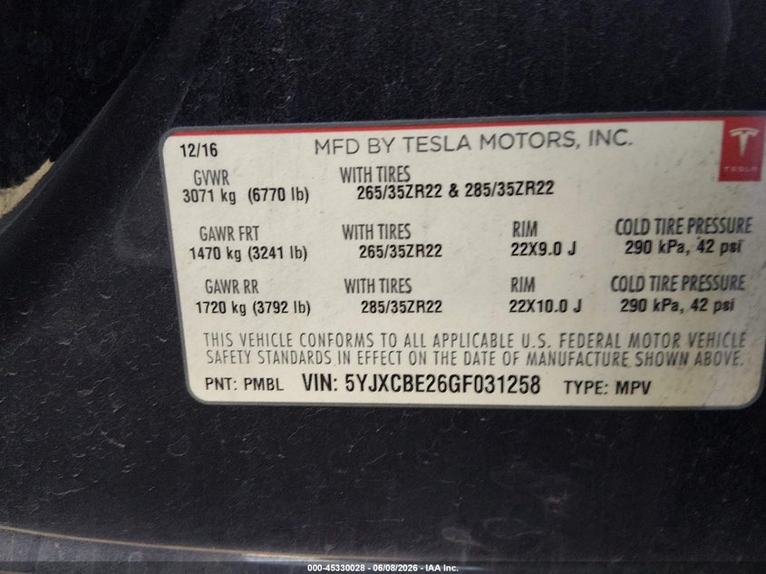 2016 Tesla Model X VIN: 5YJXCBE26GF031258 Lot: 45330028