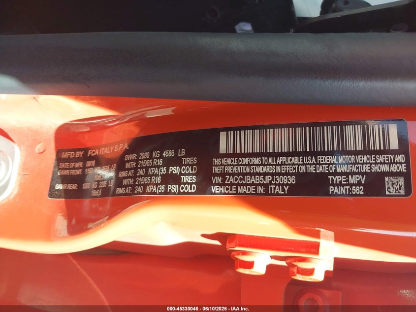 JEEP RENEGADE 2018 VIN ZACCJBAB5JPJ30936