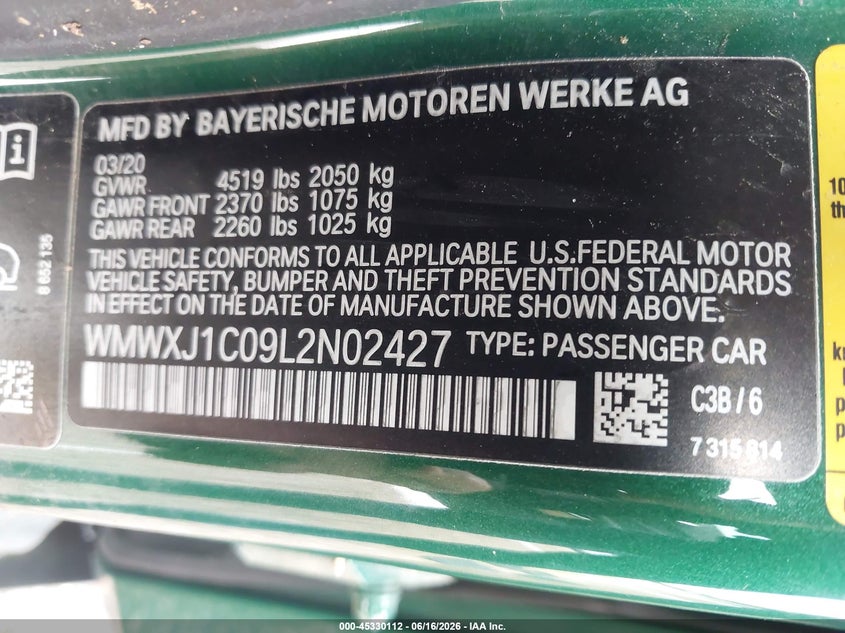 2020 Mini Clubman Cooper S VIN: WMWXJ1C09L2N02427 Lot: 45330112