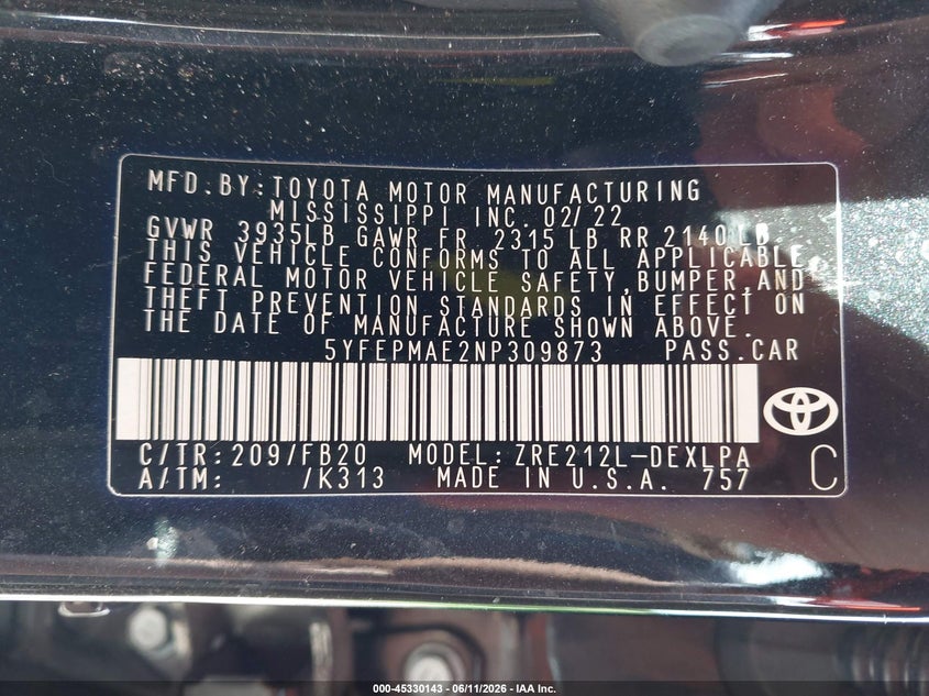 2022 TOYOTA COROLLA SEDAN 1.8L I-4 DOHC, VVT, 139HP