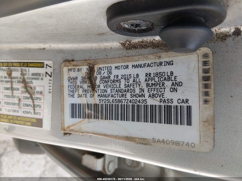 2007 Pontiac Vibe VIN: 5Y2SL65867Z402435 Lot: 45330175