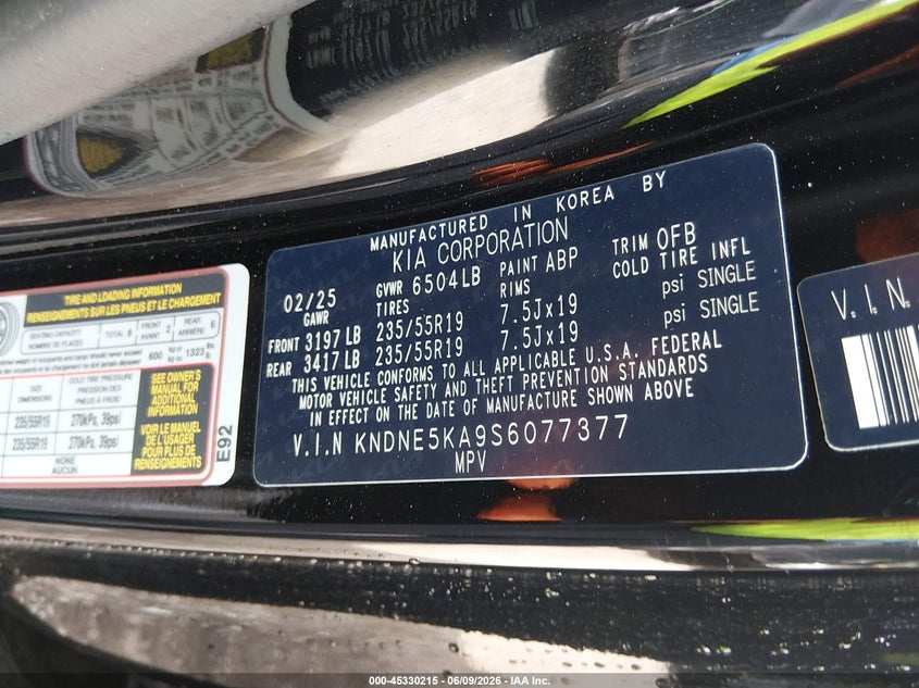 2025 Kia Carnival Mpv Hybrid Sx VIN: KNDNE5KA9S6077377 Lot: 45330215