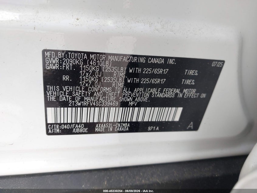 2025 Toyota Rav4 Xle VIN: 2T3W1RFV4SC339469 Lot: 45330254