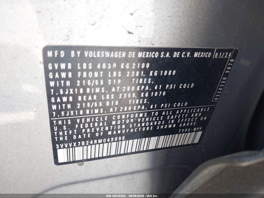 2024 Volkswagen Taos 1.5T Se VIN: 3VVVX7B24RM049898 Lot: 45330262