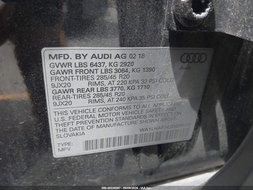 2018 Audi Q7 2.0T Premium VIN: WA1LHAF74JD030669 Lot: 45330367