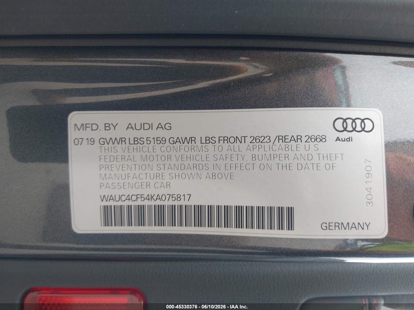 2019 Audi S5 3.0T Premium VIN: WAUC4CF54KA075817 Lot: 45330376