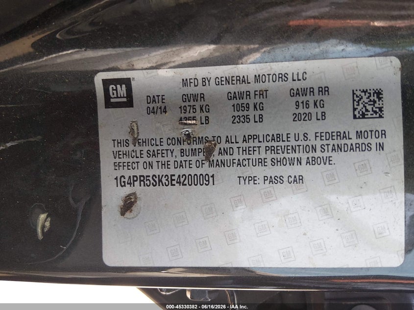 2014 Buick Verano Convenience Group VIN: 1G4PR5SK3E4200091 Lot: 45330382