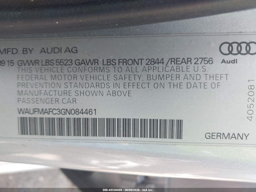 2016 Audi A6 3.0 Tdi Premium Plus VIN: WAUFMAFC3GN084461 Lot: 45330459