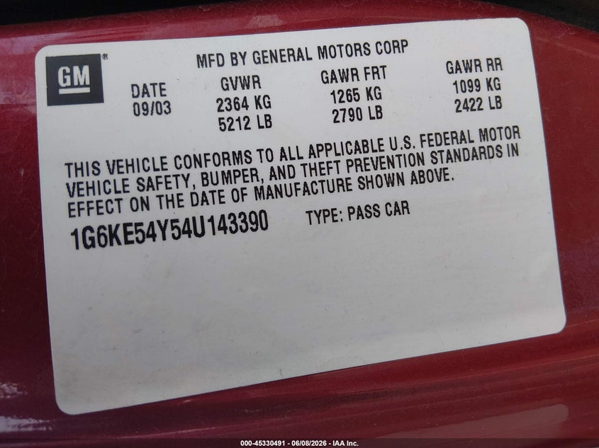2004 Cadillac Deville Dhs VIN: 1G6KE54Y54U143390 Lot: 45330491
