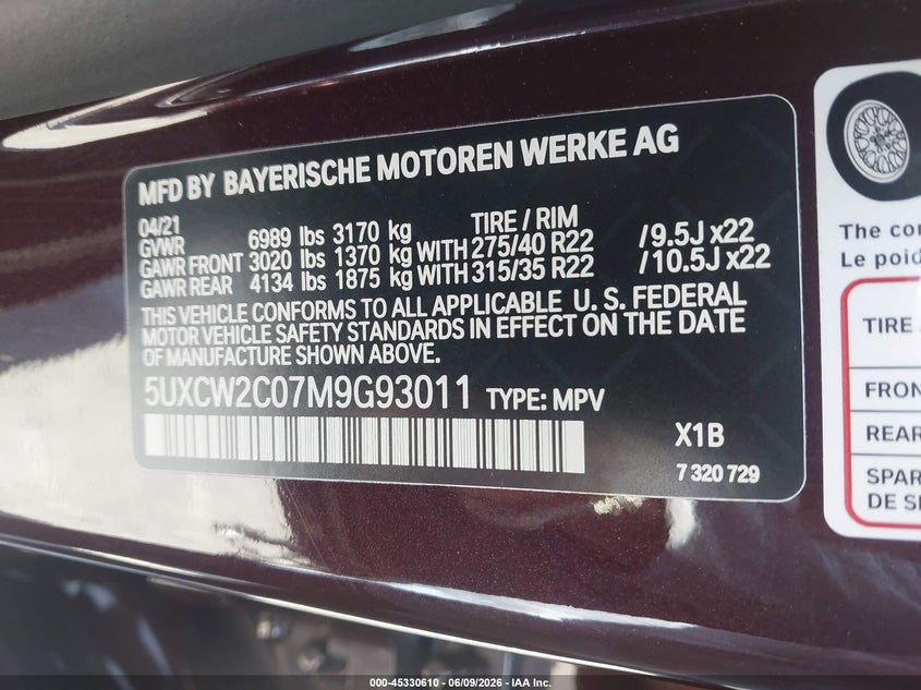 2021 BMW X7 xDrive40I VIN: 5UXCW2C07M9G93011 Lot: 45330610