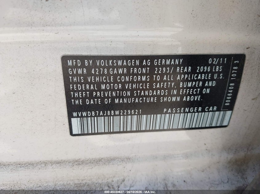 2011 Volkswagen Golf 2.5L 4-Door VIN: WVWDB7AJ8BW229621 Lot: 45330627