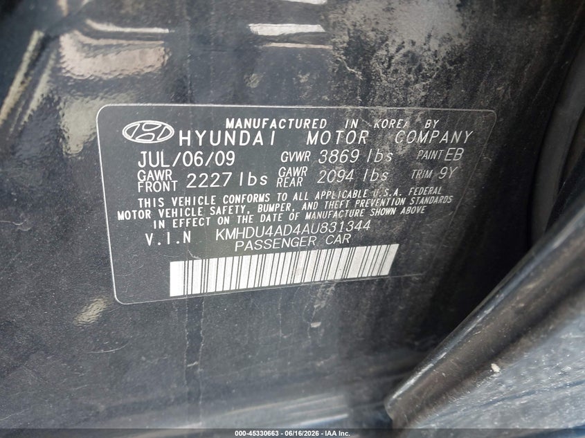 HYUNDAI ELANTRA 2010 VIN KMHDU4AD4AU831344