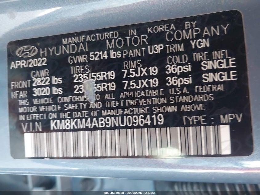 2022 Hyundai Ioniq 5 Se Standard Range VIN: KM8KM4AB9NU096419 Lot: 45330668