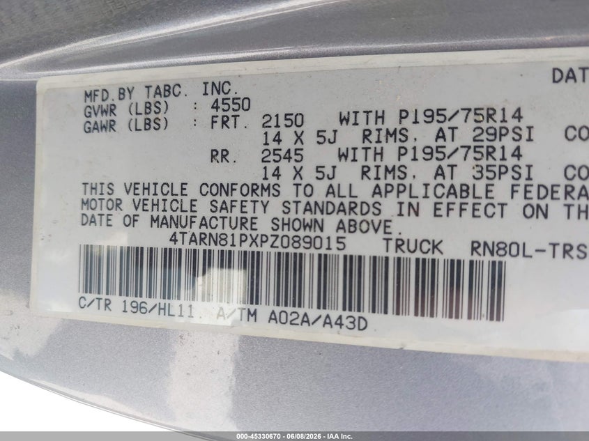 1993 Toyota Pickup 1/2 Ton Short Whlbse Dx VIN: 4TARN81PXPZ089015 Lot: 45330670