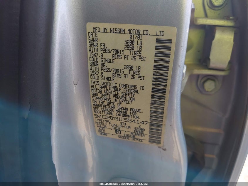 2001 Nissan Xterra Xe VIN: 5N1ED28Y91C554147 Lot: 45330680