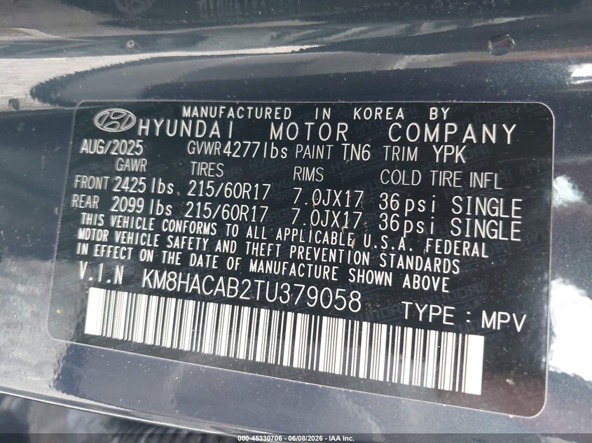 2026 Hyundai Kona Se VIN: KM8HACAB2TU379058 Lot: 45330706