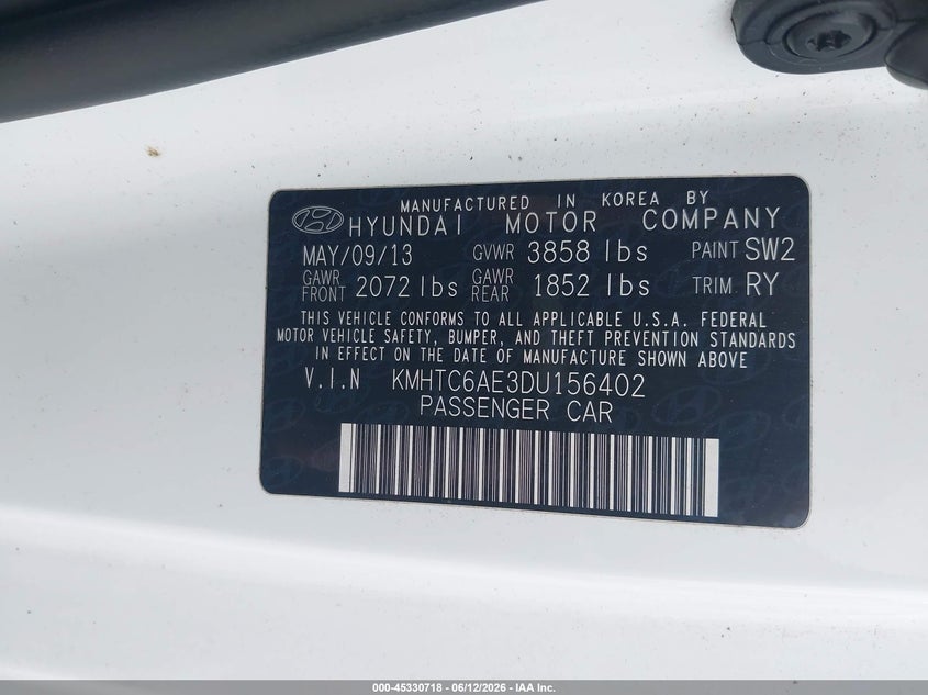 HYUNDAI VELOSTER 2013 VIN KMHTC6AE3DU156402