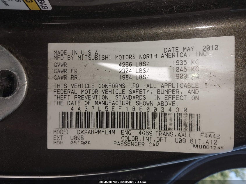 2011 Mitsubishi Eclipse Spyder Gs Sport VIN: 4A37L5EF1BE003430 Lot: 45330737