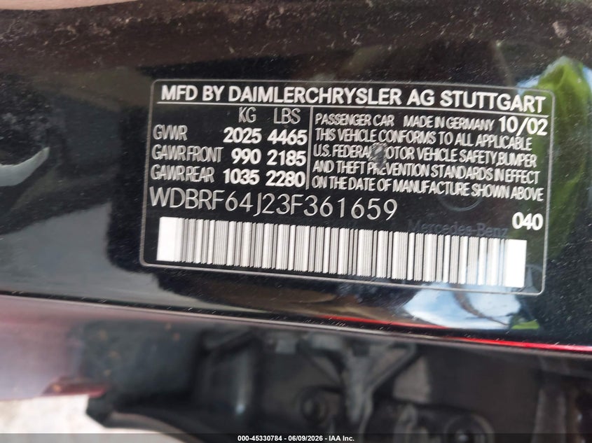 2003 Mercedes-Benz C 320 Sport VIN: WDBRF64J23F361659 Lot: 45330784