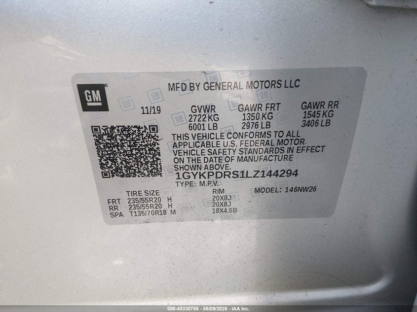 2020 Cadillac Xt6 Awd Premium Luxury VIN: 1GYKPDRS1LZ144294 Lot: 45330786