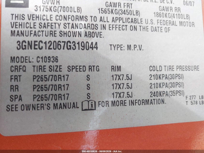 2007 Chevrolet Avalanche 1500 Lt VIN: 3GNEC12067G319044 Lot: 45330838